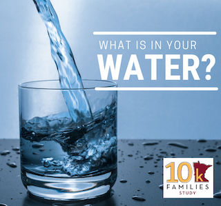 Blue background, water being poured on a glass, 10KFS logo and words "what is in your water?"