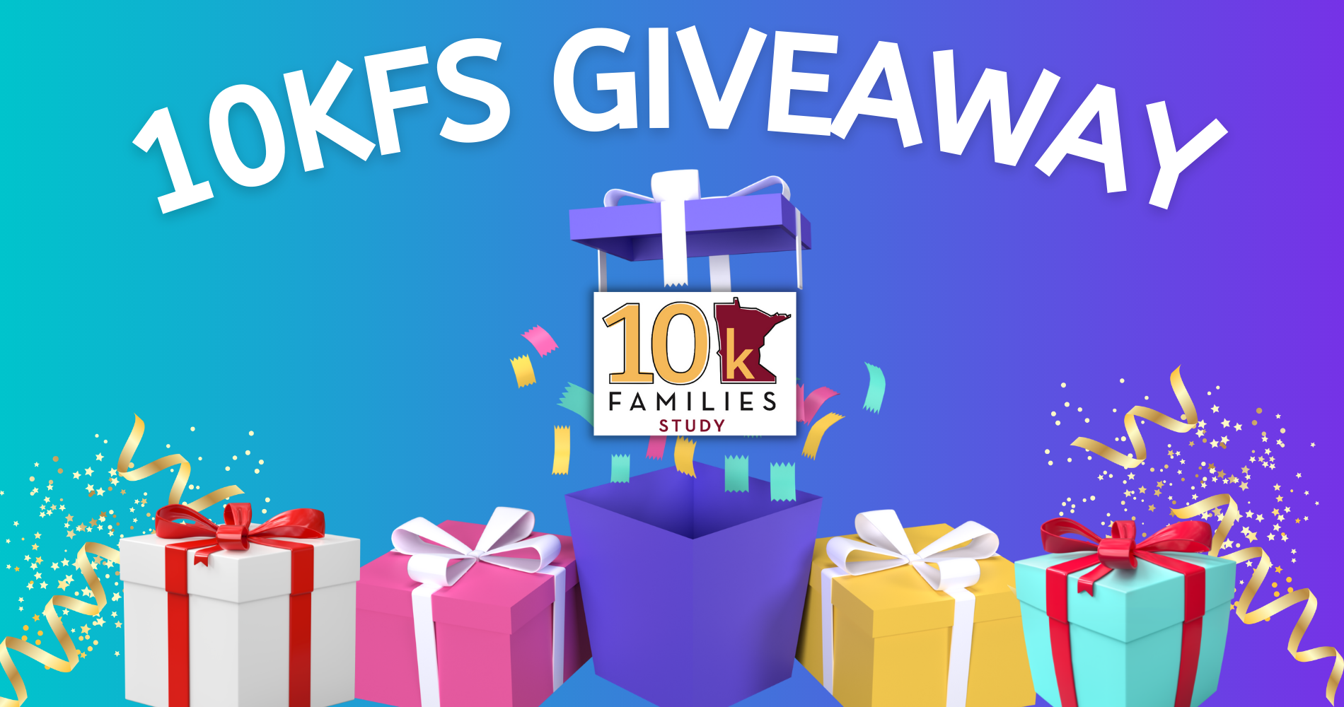 Aquamarine and purple background, 4 unopened colorful gift boxes with bows and one open puple box with 10KFS logo coming out. Words 10KFS Giveaway in capital letters.