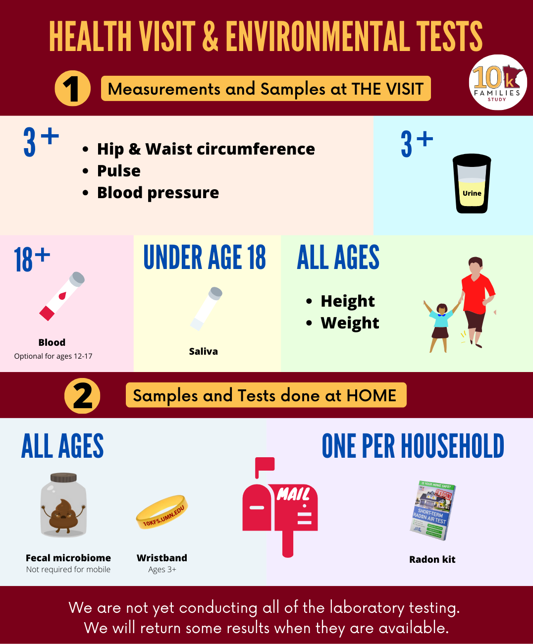 Infographic maroon background, two sections: measurement and samples at visti, samples and tests at home