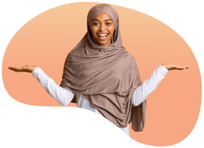 A smiling woman wearing a hijab gestures with open hands in a welcoming pose.